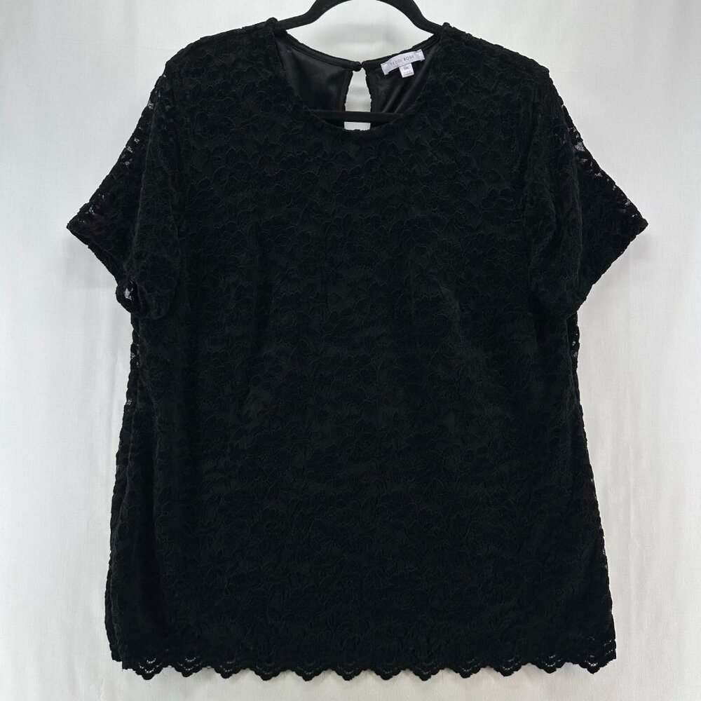 Teddi Rose Blouse Sz 2XL Lace Overlay Round Neck Back Keyhole Short Sleeve Black
